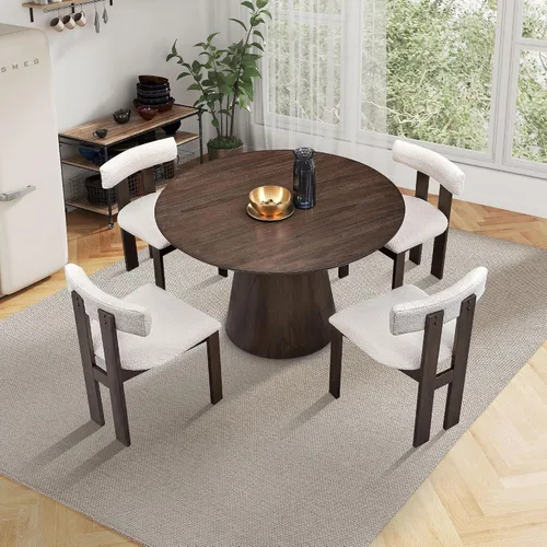 Vista 9 de 47.24'' Round Modern Style Wood Dining Table for Kitchen, Living Room, Cafe, Stylish Leisure Desk with Sturdy Cylindrical Base, for Small Spaces