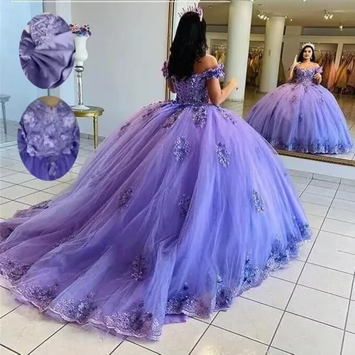 Vista 2 de XYAYE Vestido de quinceañera con cuentas de encaje con hombros descubiertos para mujer, vestido de fiesta con flores 3D hinchadas, dulces 15 16