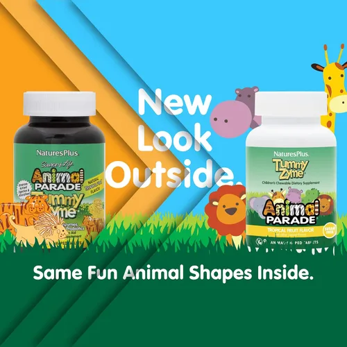 Vista 2 de NaturesPlus Animal Parade Source of Life - Ayuda digestiva masticable para niños, sabor a frutas tropicales, 90 tabletas en forma de animal