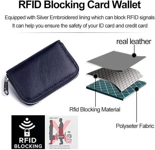 Vista 6 de Tarjetero RFID de cuero genuino para tarjetas de crédito con cremallera, Moderno