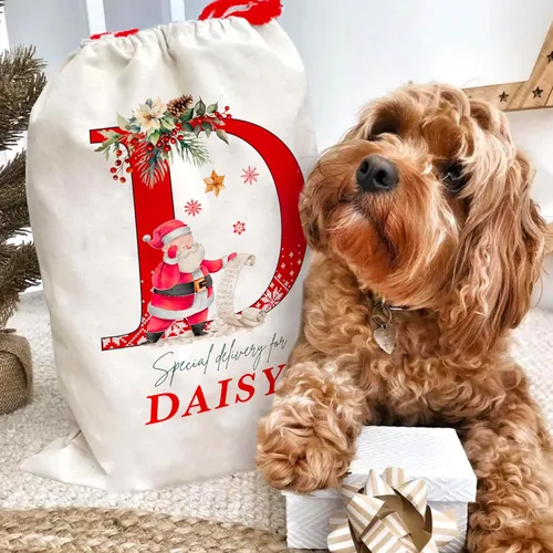 Vista 5 de Saco de Santa de Navidad inicial personalizado, bolsa de regalo de Navidad personalizada, bolsa de cordón con monograma