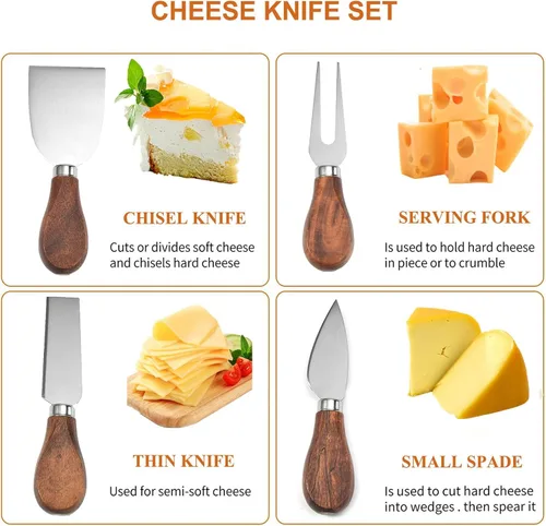 Vista 8 de Exquisito juego de cuchillos de queso de 4 piezas, colección completa de cuchillos de queso de acero inoxidable (mango de madera de acacia), listo