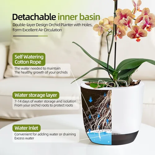Vista 4 de QCQHDU 2 Pack 5.7 Inch Orchid Pots with Holes for Repotting, Double-Layer and Self Watering Orchid Pot with Good Air Circulation Blanco y negro
