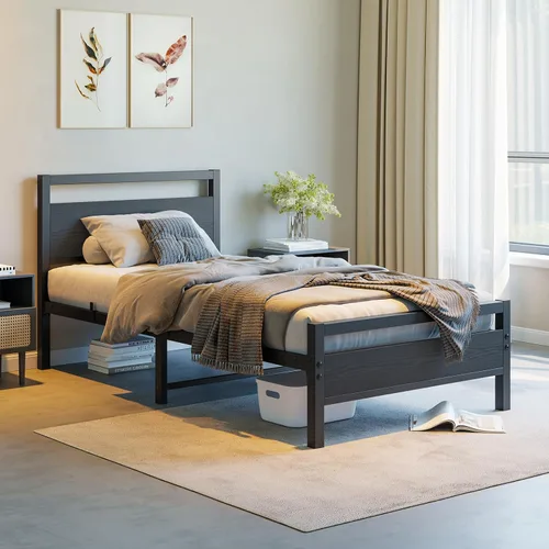 Vista 3 de BOFENG Marco de Cama Individual con Cabecera de Madera, Marco de Cama de Plataforma Individual de Metal Tamaño Individual Sin Somier Necesario Negro