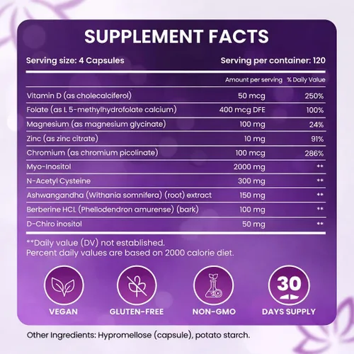 Vista 7 de Myo & D-Chiro Inositol Proporción 40:1 – 120 Cápsulas Suplemento de inositol Myo para mujeres con vitamina D, Ashwagandha, Folato y Zinc