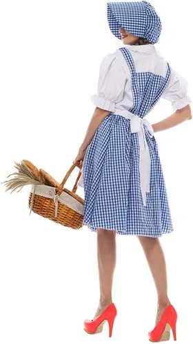 Vista 3 de FantastCostumes Disfraz clásico de Dorothy para mujer, disfraz de Halloween para cosplay, cuento de hadas de Kansas Girl, vestido a cuadros azul