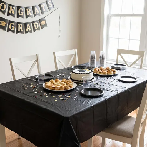 Vista 2 de Fixwal Mantel de plástico negro desechable de 54 x 108 pulgadas, mantel rectangular impermeable, paquete de 5 para graduación, decoración de fiesta