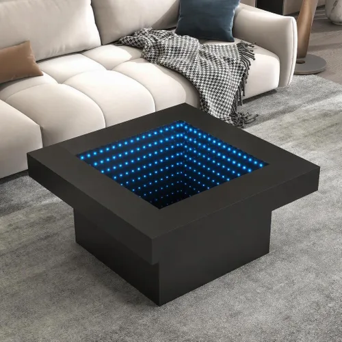 Vista 9 de FKWin Mesa de salón negra – Mesa de centro LED con luces, mesa de centro negra moderna contemporánea, mesa central cuadrada de superficie de alto