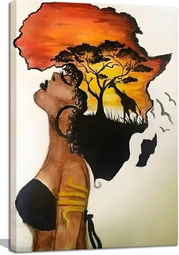 Vista 8 de Arte de pared enmarcado afroamericano, póster de mujer africana nostálgica, pintura en lienzo, niña negra, abstracto, puesta de sol, paisaje