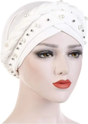Vista 3 de Fxhixiy Hijab - Gorro de turbante con perlas para mujer, bufanda para la cabeza, gorro de quimioterapia, bandana