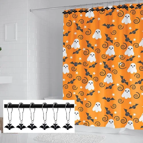 Vista 6 de Ganchos de cortina de ducha de murciélago, 12 piezas de murciélagos de Halloween inoxidables de metal para barras de ducha de baño, decoración