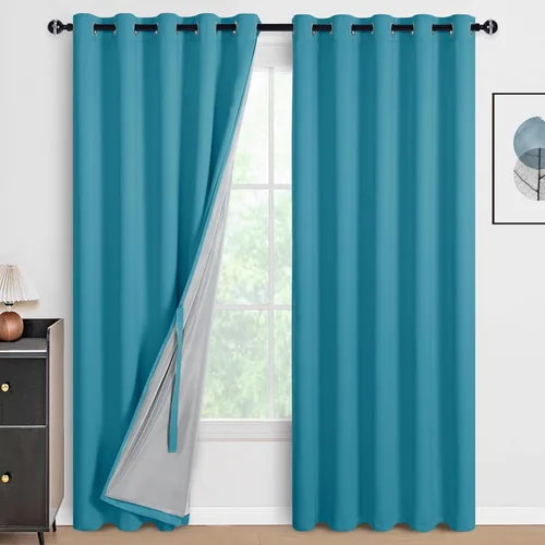 Vista 110 de DWCN - Cortinas 100% opacas para dormitorio con forro negro, cortinas de ventana de doble capa con aislamiento térmico que oscurecen toda la Azul