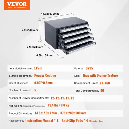 Vista 3 de VEVOR Gabinete Dispensador de Brocas, Dispensador de Brocas de Cinco Cajones, Gabinete Organizador de Brocas de 60 Compartimentos, Gabinete