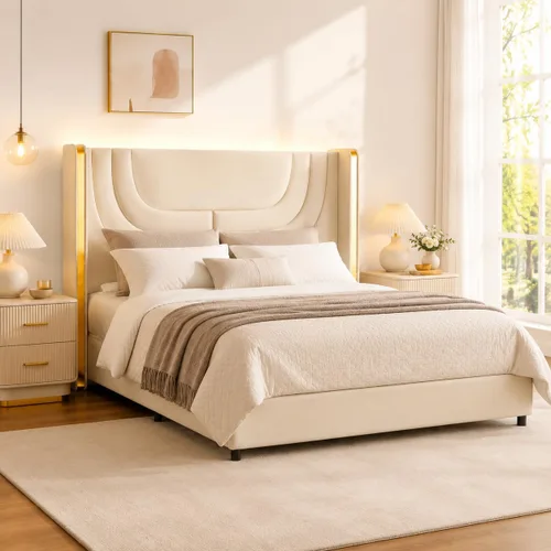 Vista 10 de REVOMINCA Base de cama individual con luces LED, plataforma tapizada de piel sintética con cabecera de ala plateada, estilo moderno, no necesita