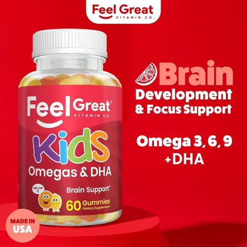 Vista 2 de Gomas DHA de Omega para niños de Feel Great Vitamins con Omega 3 6 9, Vitamina C Apoya la función cerebral saludable, la visión y la salud