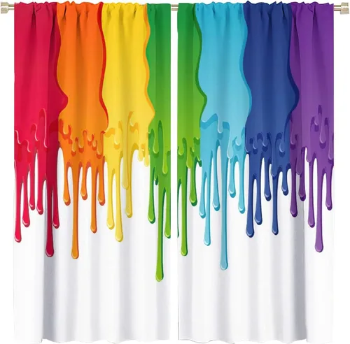 Vista 76 de Cortinas opacas abstractas de arco iris, pintura de color arcoíris con gotas, diseño gráfico creativo con bolsillo para barra, para sala de estar