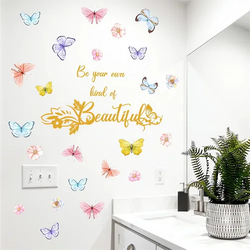 Vista 5 de Calcomanías de pared con eslogan de mariposas coloridas, hermosas calcomanías de pared extraíbles de vinilo extraíble para sala de estar