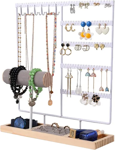 Vista 3 de HINIHAO Soporte para aretes, organizador de joyas, soporte para collares, estante de torre de joyería de 5 niveles, 108 agujeros, 12 ganchos