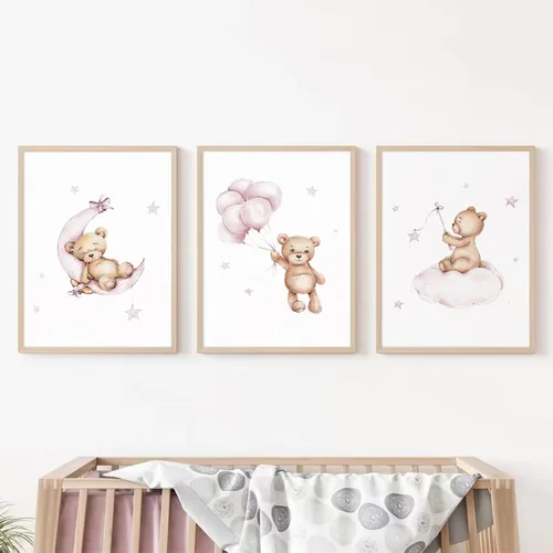 Vista 19 de Baccone Arte de pared para habitación de guardería con oso de peluche, póster para habitación de bebé niño o niña, decoración de pared de guardería