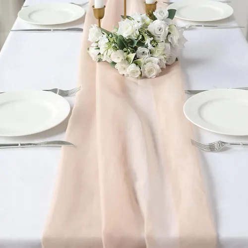 Vista 17 de Tableclothsfactory Camino de mesa de gasa de amatista de 22 x 80 pulgadas para bodas, fiestas, banquetes, decoración, ajuste rectangular y mesa