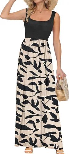 Vista 20 de AUSELILY Vestido largo con cuello cuadrado para mujer, sin mangas, floral, holgado, con bolsillos