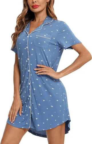 Vista 96 de Samring Camisón de pijama para mujer, manga corta/larga, con botones, camisón para dormir, camisón para novio, talla XXL
