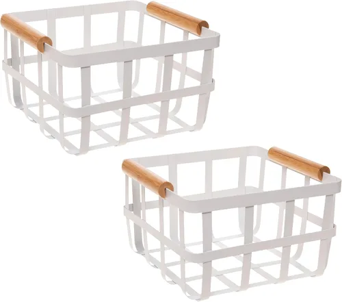 Vista 11 de Simplify Cesta de almacenamiento cuadrada de metal con asas de bambú Mediana Cesta de alambre estilo granja Organizador para el hogar Negro