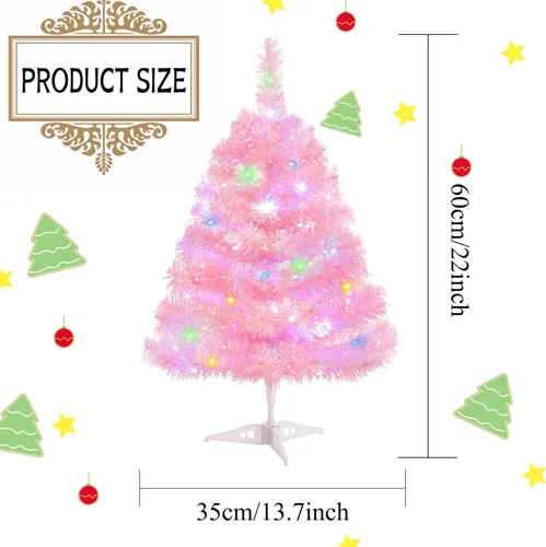 Vista 2 de Árbol de Navidad artificial de 2 pies con luces, árbol de Navidad de mesa rosa iluminado con soporte de plástico, funciona con pilas, mini árbol