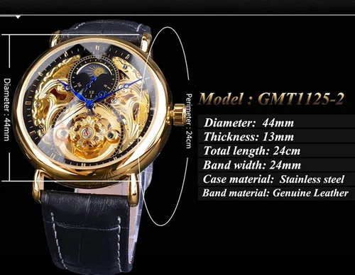 Vista 3 de Relojes automáticos para hombre, reloj de esqueleto Tourbillon dorado, fase lunar, impermeable, de acero inoxidable