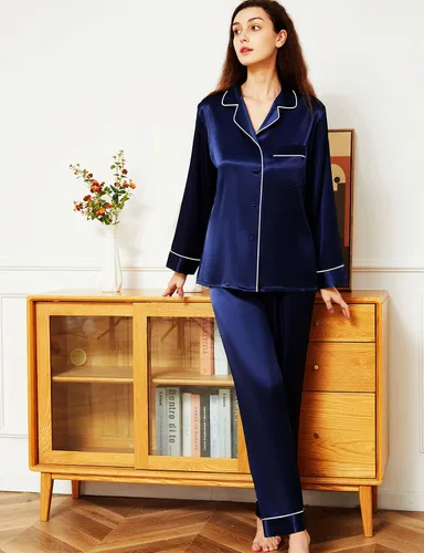 Vista 4 de Conjunto de pijama de satén para mujer, camisa de manga larga con botones y pantalón largo