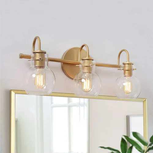 Vista 8 de KSANA Luminaria de Baño Estilo Granja, Lámpara de Tocador Moderna Negro Dorado de 3 Luces con Pantalla de Vidrio Transparente Abierta, Lámpara