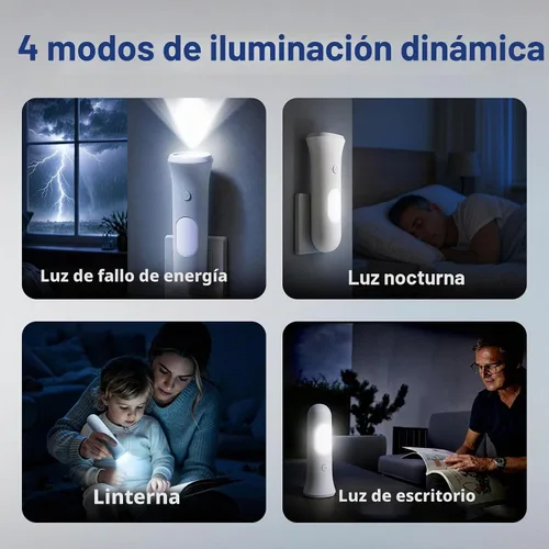 Vista 4 de ROSSEX Farolas de emergencia 4 en 1 para fallas de energía en el hogar, linterna LED recargable con enchufe de pared, linterna de noche con Blanco