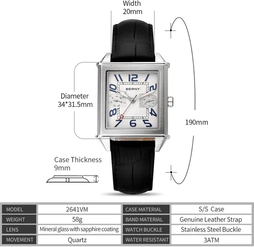 Vista 5 de BERNY Relojes cuadrados para hombre, reloj de cuarzo, calendario rectangular, reloj con correa de cuero