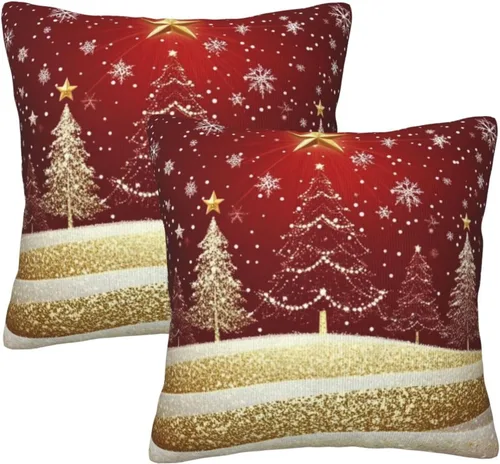 Vista 42 de Fundas de Almohada Flor de Pascua Dorada Copo de Nieve Navidad Xmas Juego de 2 Fundas de Almohadas Cuadradas Funda de Cojín Fundas de Almohadas