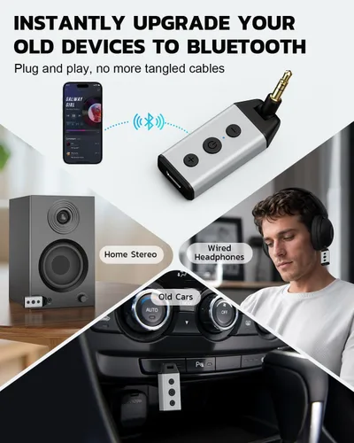 Vista 2 de 1Mii B04 Bluetooth 5.4 Adaptador de coche, receptor de audio AUX giratorio de 180°, llamada clara manos libres, 16H+ de larga espera