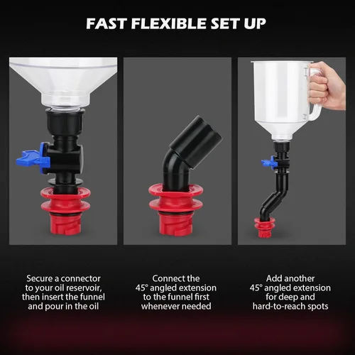 Vista 4 de Kit de embudo de aceite de motor de 18 piezas, juego de embudo de aceite automotriz de 1.59 QT/1.5L con 12 adaptadores, codo, pantalla de flecha
