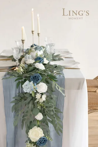Vista 6 de Ling's moment Dusty Blue Artificial Flower Garland Wedding Arch 6 FT Azul polvoriento y azul marino