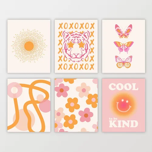 Vista 8 de Double Devil's Arte de pared rosa y naranja para decoración de habitación, pósteres estéticos de los años 70, decoración moderna de dormitorio