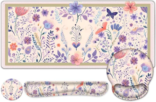 Vista 14 de Alfombrilla de mouse con estética natural de flores, XXL gran alfombrilla de escritorio extendida para la lectura, 4 piezas de base de goma