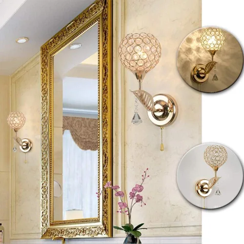 Vista 7 de Lámpara colgante moderna de cristal con acabado cromado para dormitorio, con interruptor de cable de tracción, enchufe E14 (dorado)