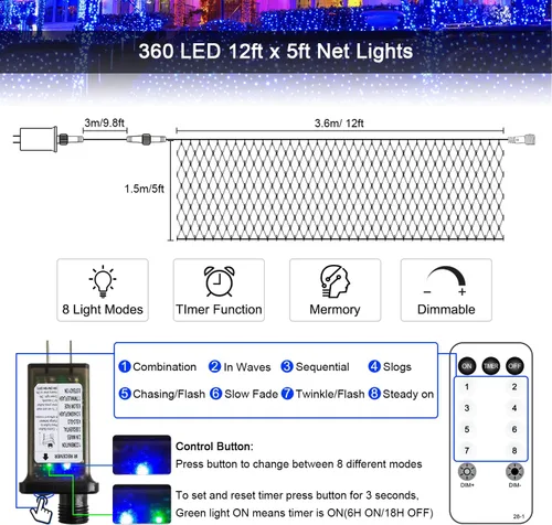 Vista 7 de JMEXSUSS 360 luces LED de red azul para exteriores, conectables de 12 pies x 5 pies, luces de red de Navidad enchufables con control remoto, 8 modos