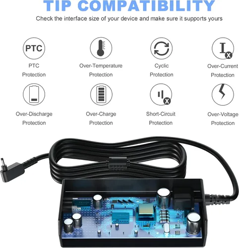 Vista 6 de Cargador para portátil de 45 W compatible con portátiles Acer Aspire 1 3 5 N20C5/N23C3/N23H1, ADP-45FE F, PA-1450-26; Cable de alimentación