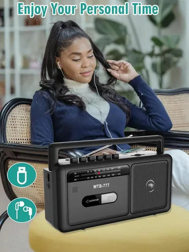 Vista 5 de WTB-777 Reproductor de casete portátil Boombox, radio AM/FM estéreo con Bluetooth, USB, grabador, conector para auriculares, alimentación CC/CA