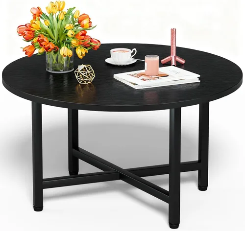 Vista 25 de Mesa de Café FAMIDGE, Mesas de Café de 23.6" para Sala de Estar, Mesa de Café Redonda con Marco de Metal, Mesa de Piso para Sentarse en el Suelo