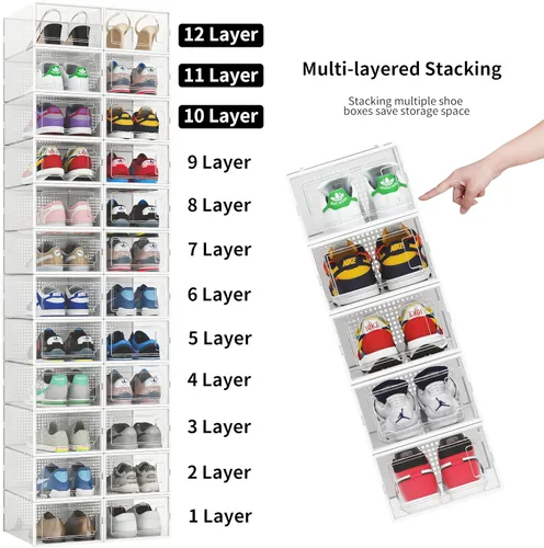 Vista 5 de Paquete de 12 cubos de almacenamiento organizadores de zapatos, cajas de zapatos apilables de plástico transparente para armario, contenedores