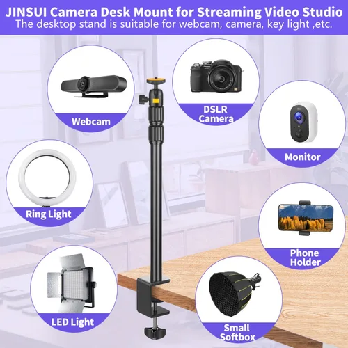 Vista 7 de Soporte para cámara web de montaje de escritorio para cámara web con cabezal de bola de 360°, soporte de luz de mesa ajustable de 14 a 33 pulgadas