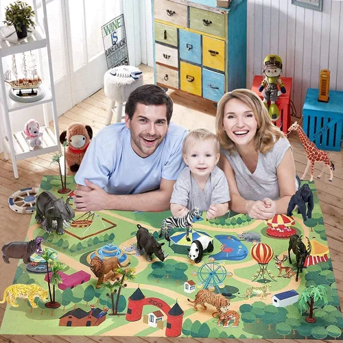 Vista 7 de BOLZRA Figuras de animales de safari con tapete de juego de actividades y caja de almacenamiento, juego gigante de plástico realista con león