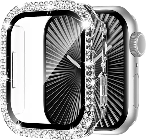 Vista 12 de Adepoy Funda para Apple Watch de 38 mm Serie 3/2/1 con protector de pantalla de vidrio templado, doble Bling Case Crystal Diamonds Bumper Total Hard