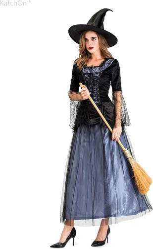 Vista 4 de KatchOn, Disfraz de bruja de Halloween para mujer, disfraz de bruja con sombrero negro Disfraces de brujas malvadas para mujer