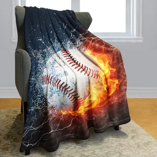 Vista 2 de YISUMEI Manta de béisbol impresa en 3D, 60 x 80 pulgadas, bola blanca chocar en agua y fuego, ideal para decoración del hogar con temática deportiva